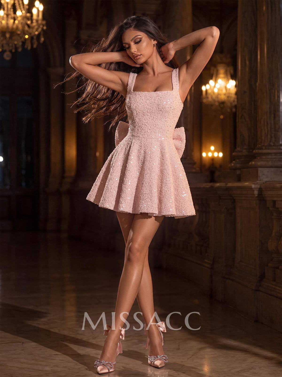 A-Line Square Neckline Sleeveless Short/Mini Cocktail Dresses With Bow