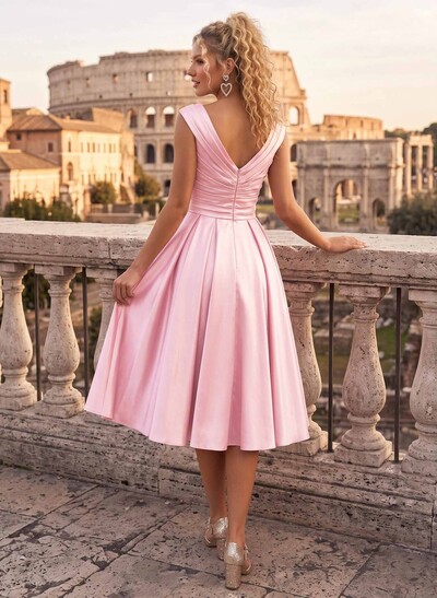 A-Line V-Neck Sleeveless Knee-Length Satin Cocktail Dress With Ruffle Detailing