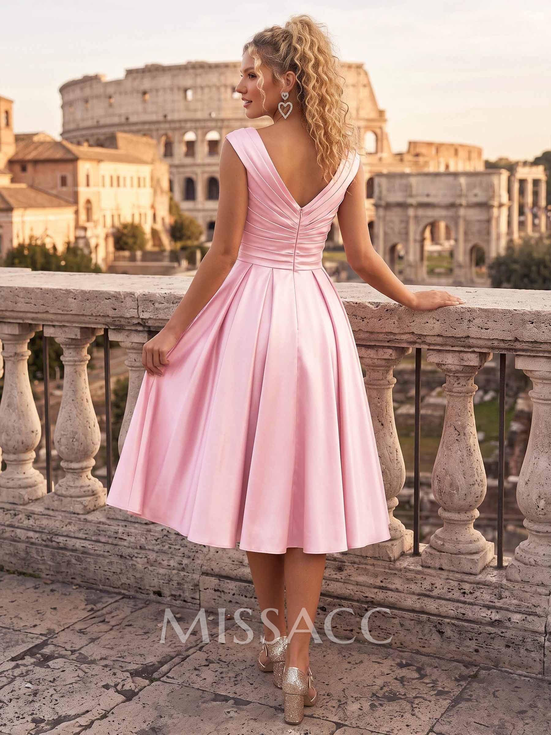 A-Line V-Neck Sleeveless Knee-Length Satin Cocktail Dress With Ruffle Detailing