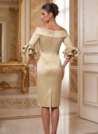Fitted Bardot Half-Sleeve Knee-Length Satin Cocktail Dress With Cascading Ruffles