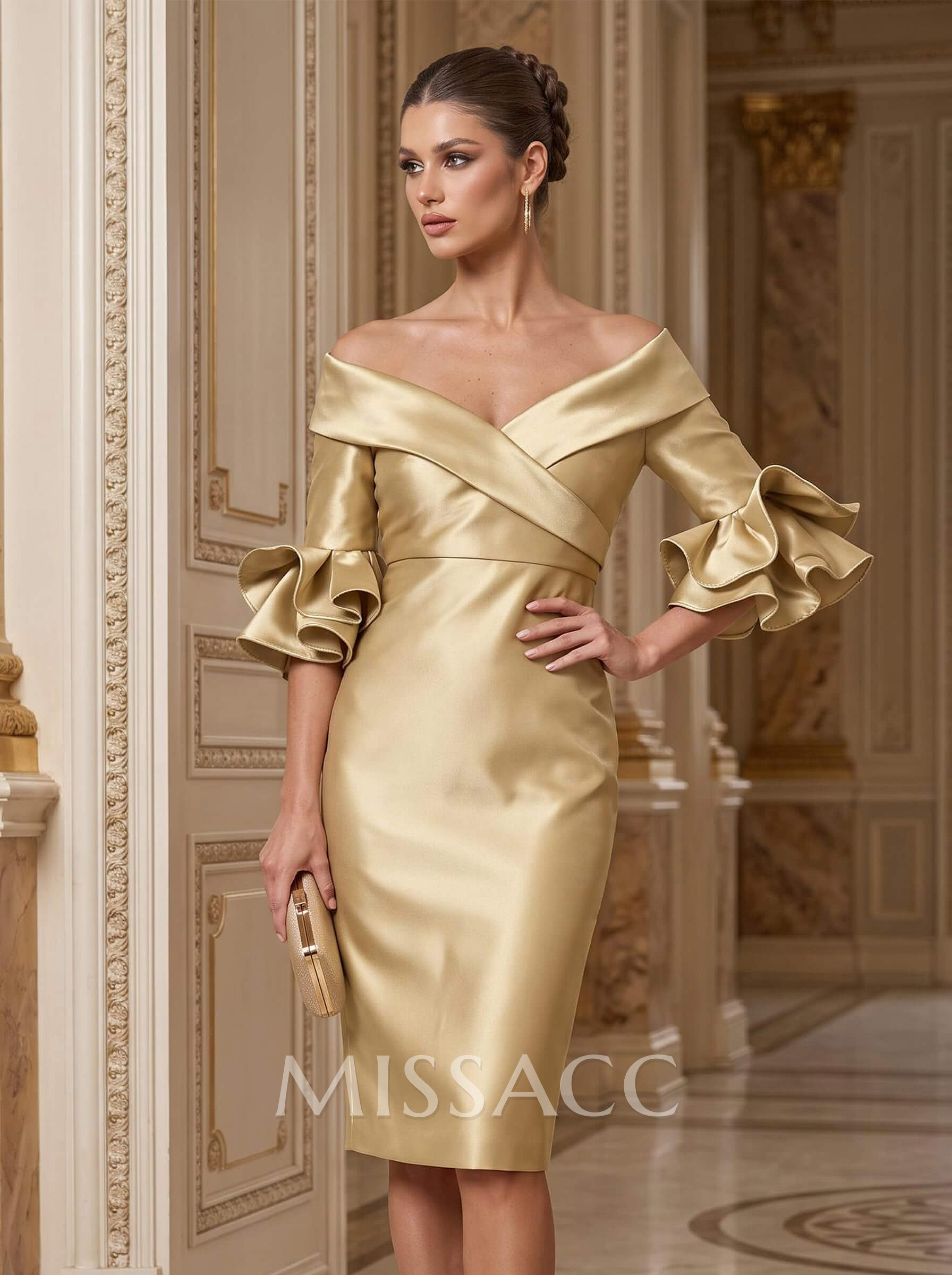 Fitted Bardot Half-Sleeve Knee-Length Satin Cocktail Dress With Cascading Ruffles