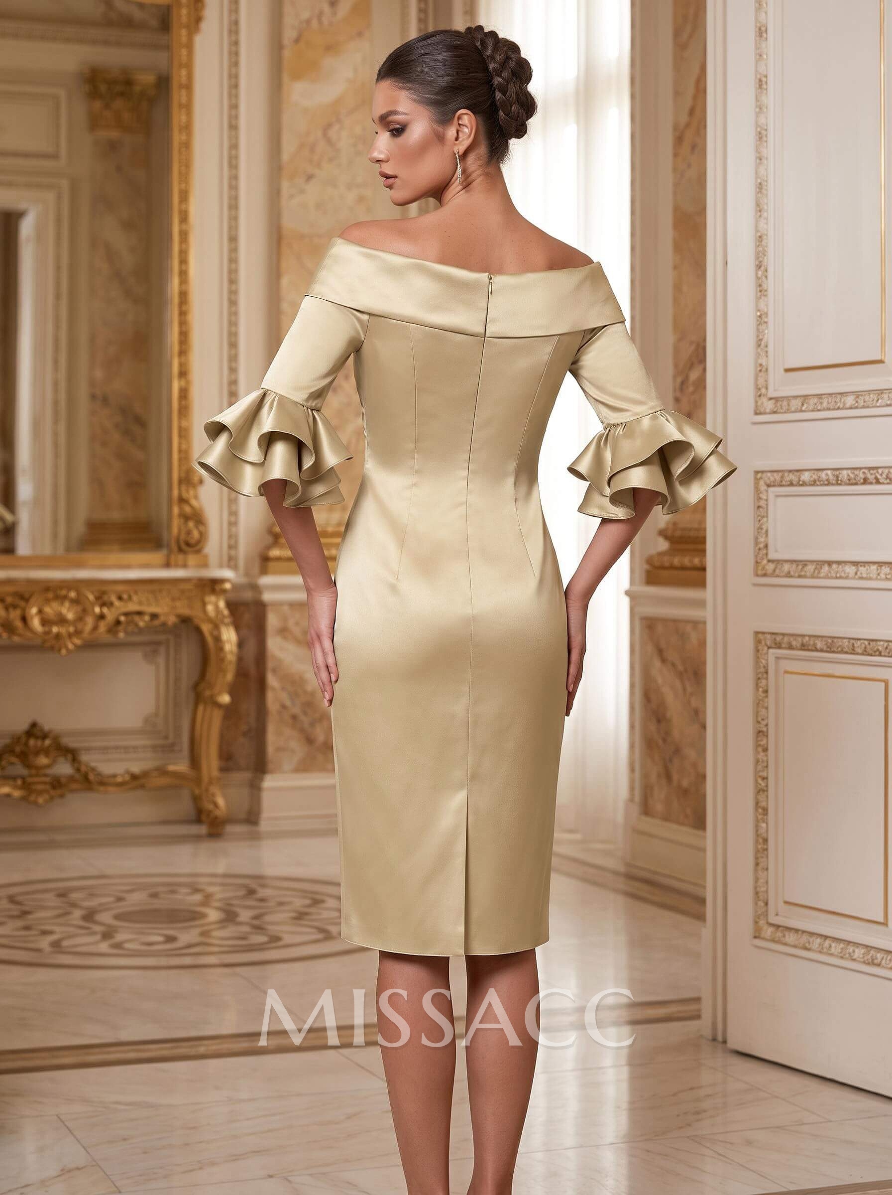 Fitted Bardot Half-Sleeve Knee-Length Satin Cocktail Dress With Cascading Ruffles
