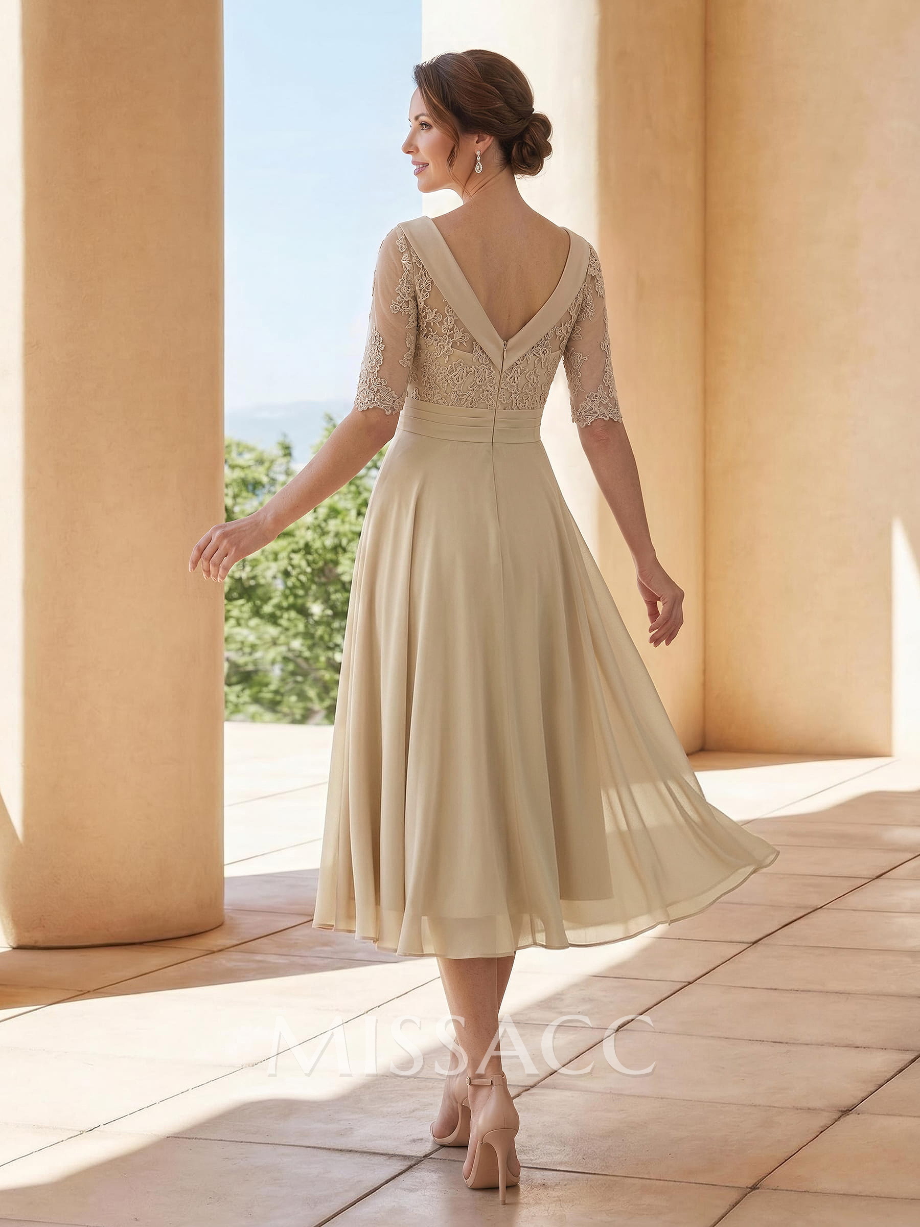 A-Line Scoop Neck 1/2 Sleeves Tea-Length Chiffon Cocktail Dresses With Appliques Lace