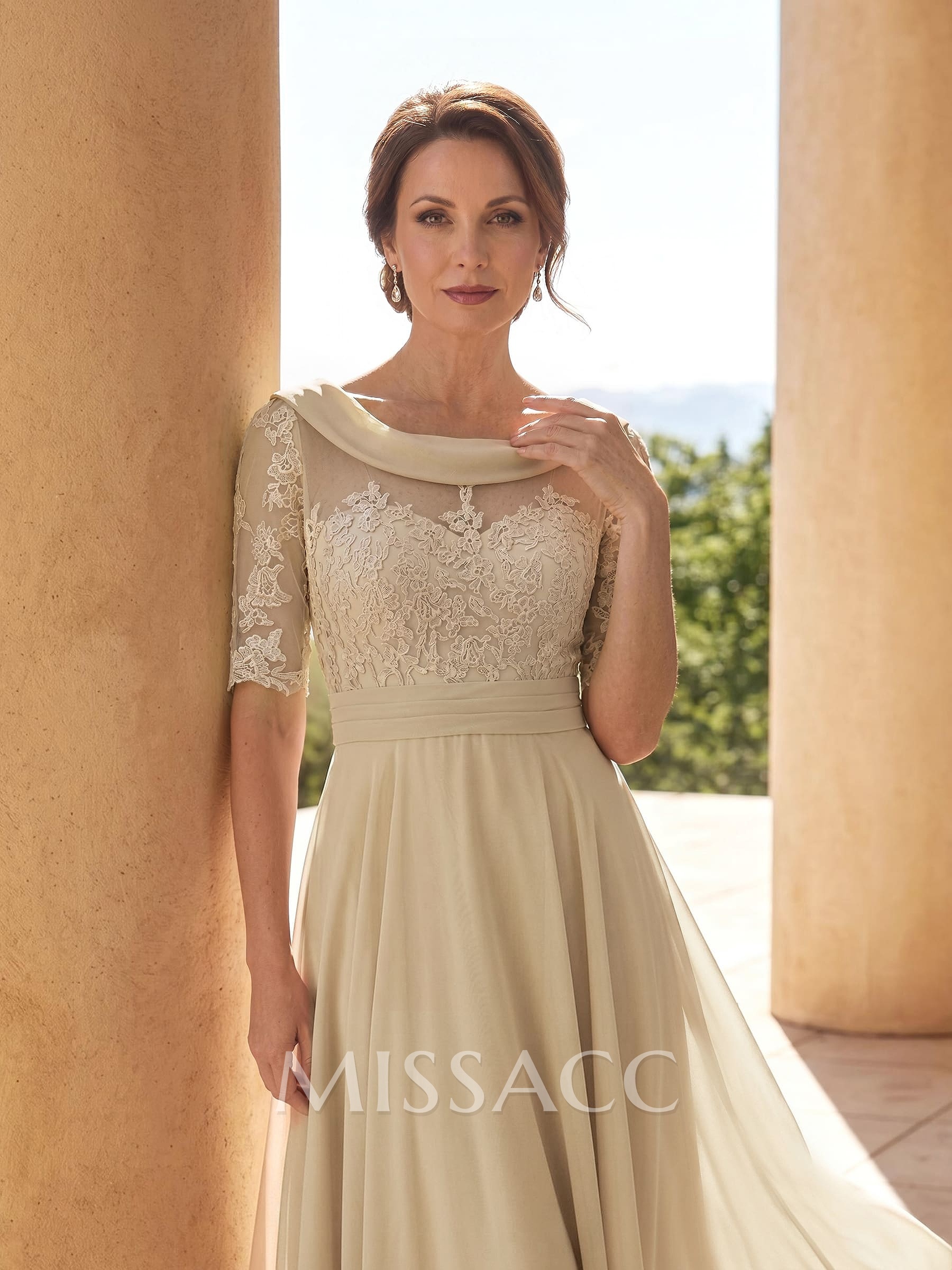 A-Line Scoop Neck 1/2 Sleeves Tea-Length Chiffon Cocktail Dresses With Appliques Lace