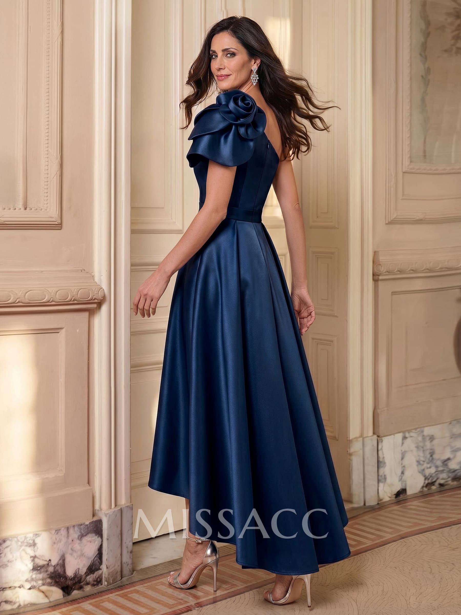 A-Line One-Shoulder Sleeveless Asymmetrical Satin Cocktail Dresses With Flower