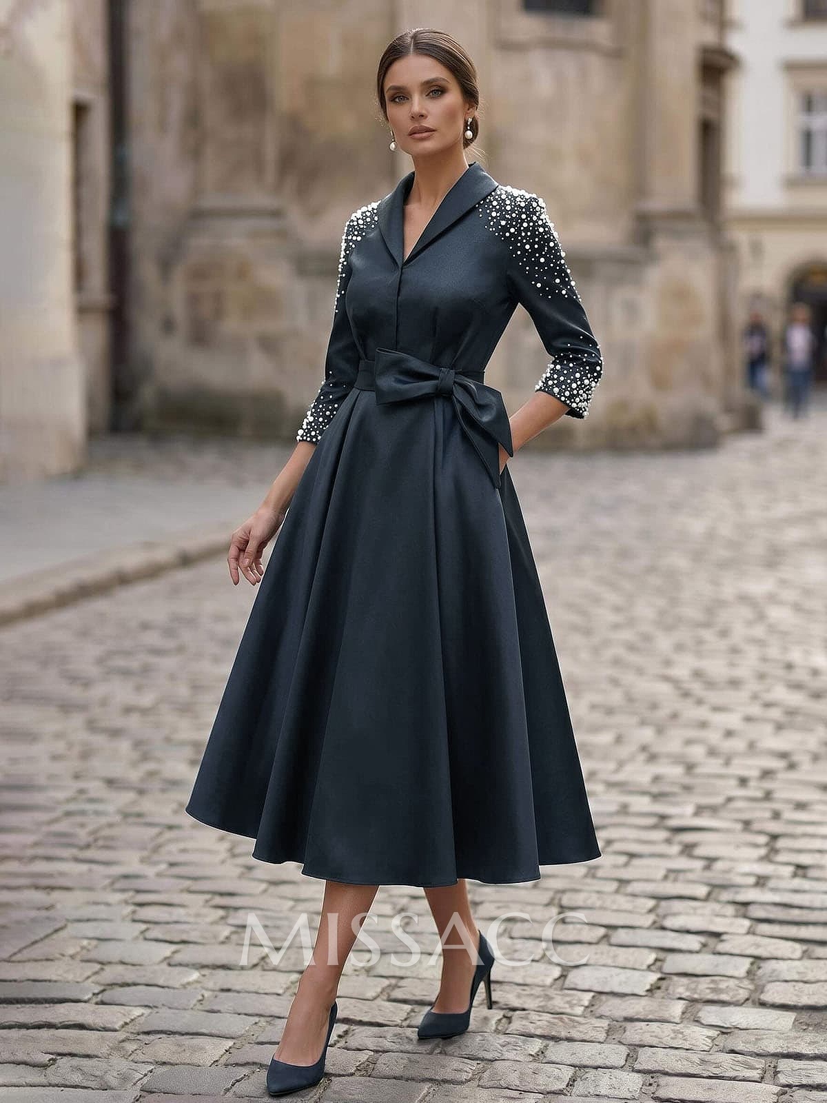 A-Line V-Neck 3/4 Sleeves Tea-Length Satin Cocktail Dresses With Bow/Beading
