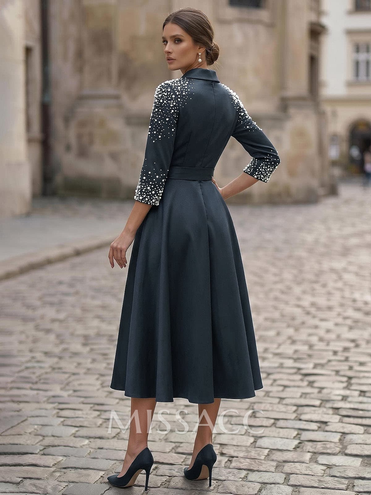 A-Line V-Neck 3/4 Sleeves Tea-Length Satin Cocktail Dresses With Bow/Beading