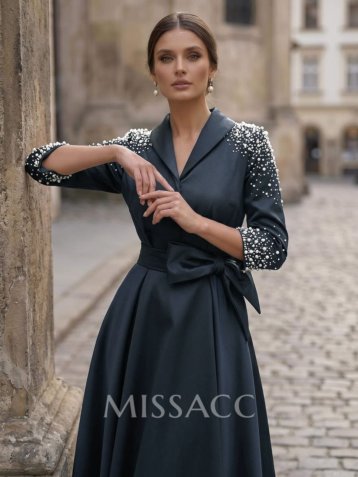 A-Line V-Neck 3/4 Sleeves Tea-Length Satin Cocktail Dresses With Bow/Beading