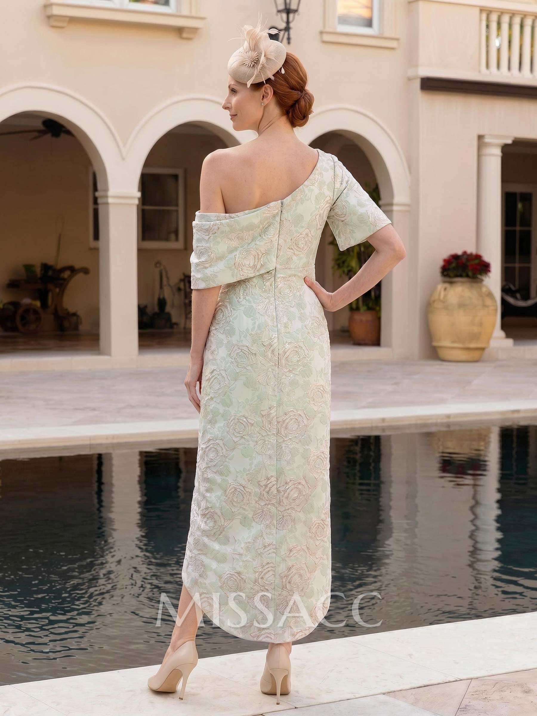 Sheath/Column One-Shoulder 1/2 Sleeves Tea-Length Jacquard Cocktail Dresses With Split Front