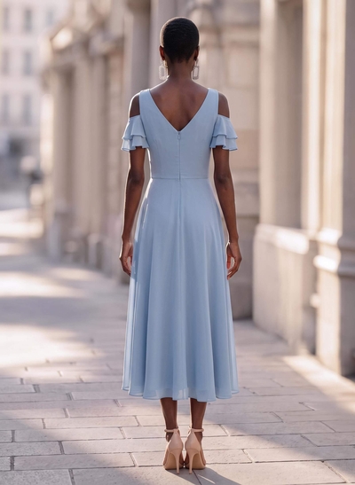 A-Line V-Neck Sleeveless Tea-Length Chiffon Cocktail Dresses With Cascading Ruffles