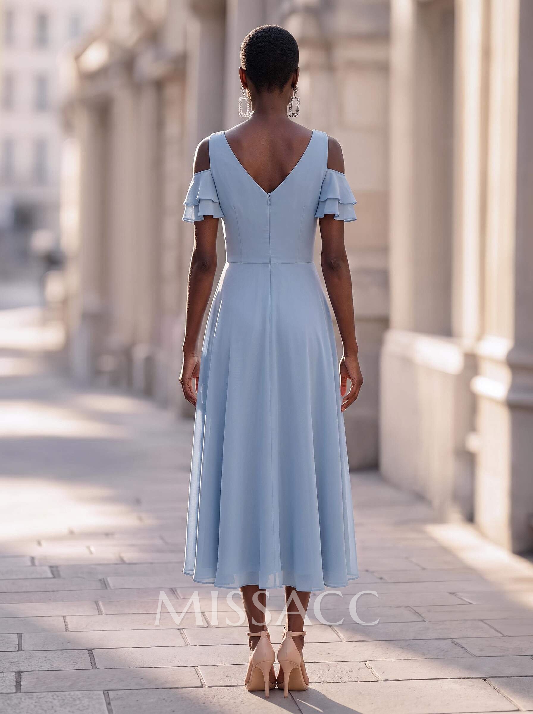 A-Line V-Neck Sleeveless Tea-Length Chiffon Cocktail Dresses With Cascading Ruffles