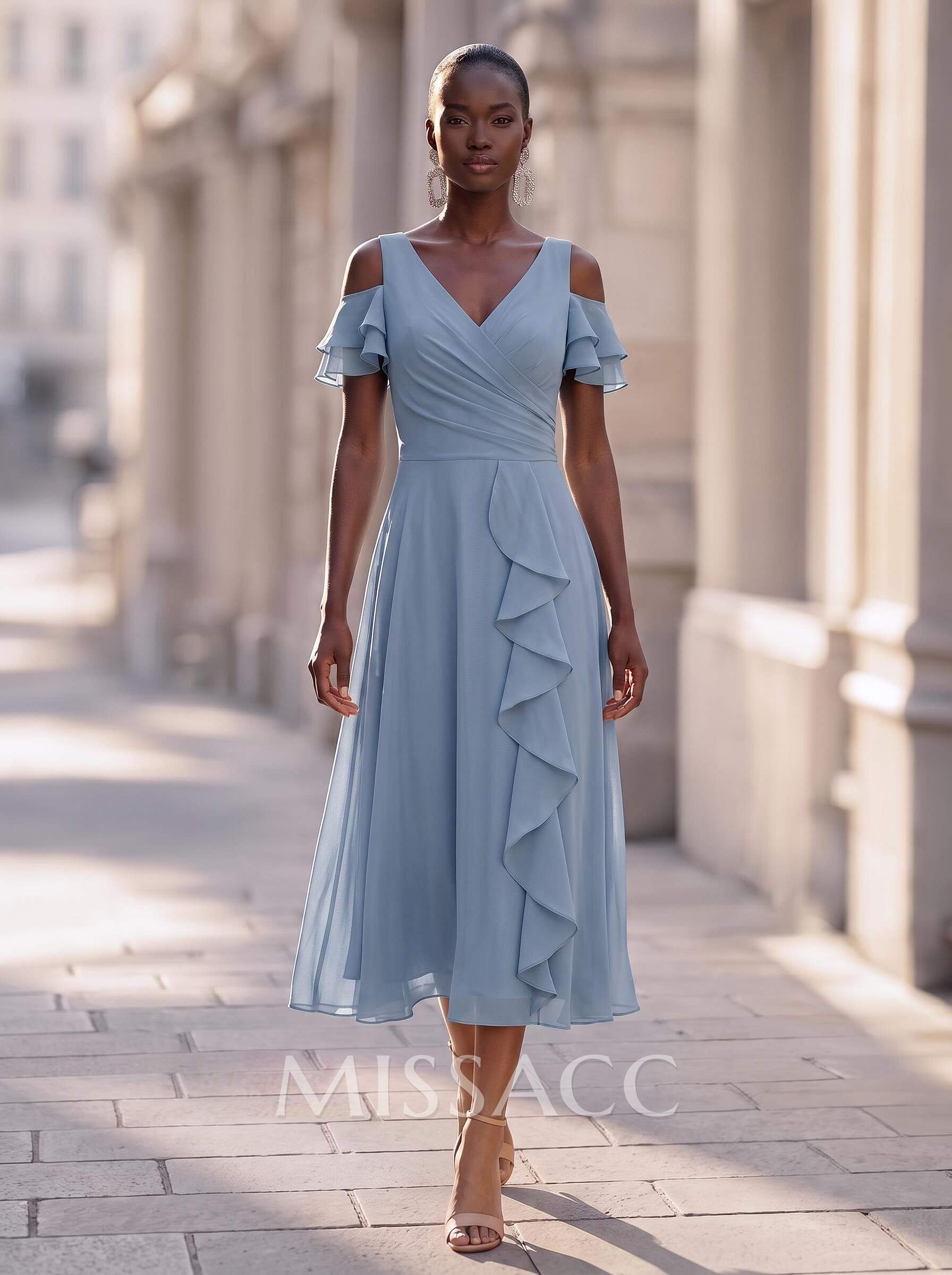 A-Line V-Neck Sleeveless Tea-Length Chiffon Cocktail Dresses With Cascading Ruffles