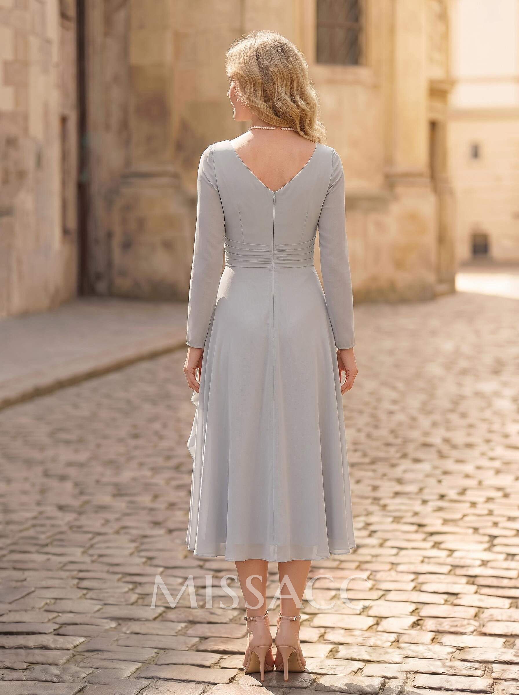 A-Line V-Neck Long Sleeves Tea-Length Chiffon Cocktail Dresses With Cascading Ruffles