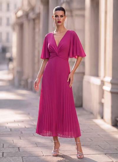 A-Line Plunge Neck 1/2 Sleeves Ankle-Length Stretch Chiffon Cocktail Dresses With Pleated