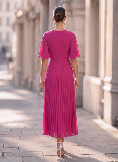 A-Line Plunge Neck 1/2 Sleeves Ankle-Length Stretch Chiffon Cocktail Dresses With Pleated