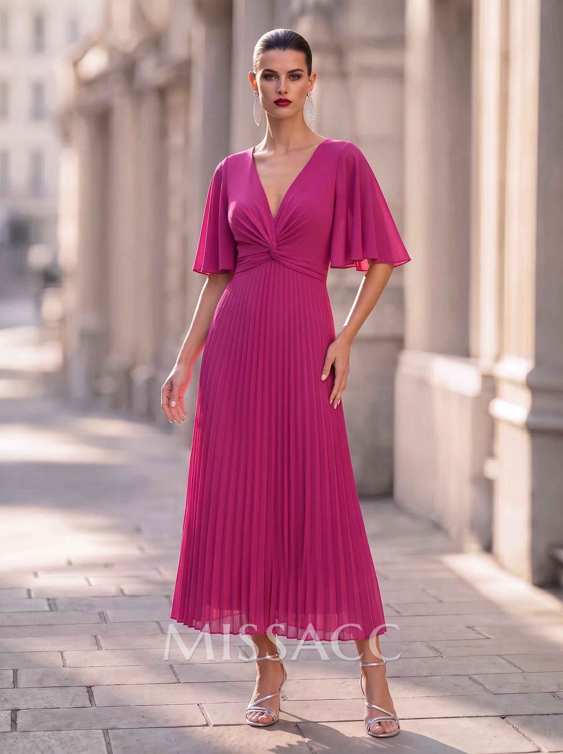A-Line Plunge Neck 1/2 Sleeves Ankle-Length Stretch Chiffon Cocktail Dresses With Pleated