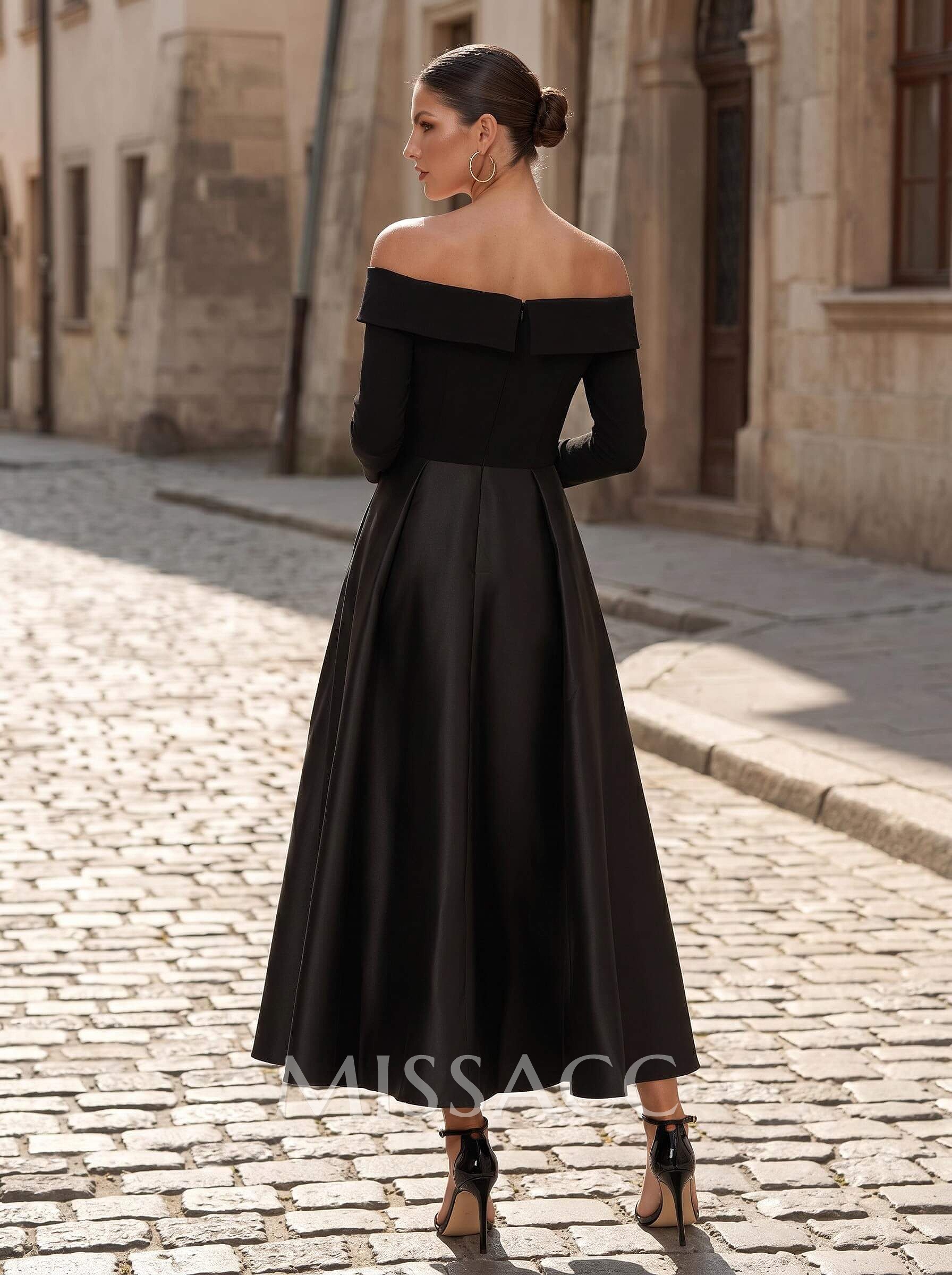 A-Line Off-The-Shoulder Long Sleeves Ankle-Length Satin/Elastic Satin Cocktail Dresses With Pockets