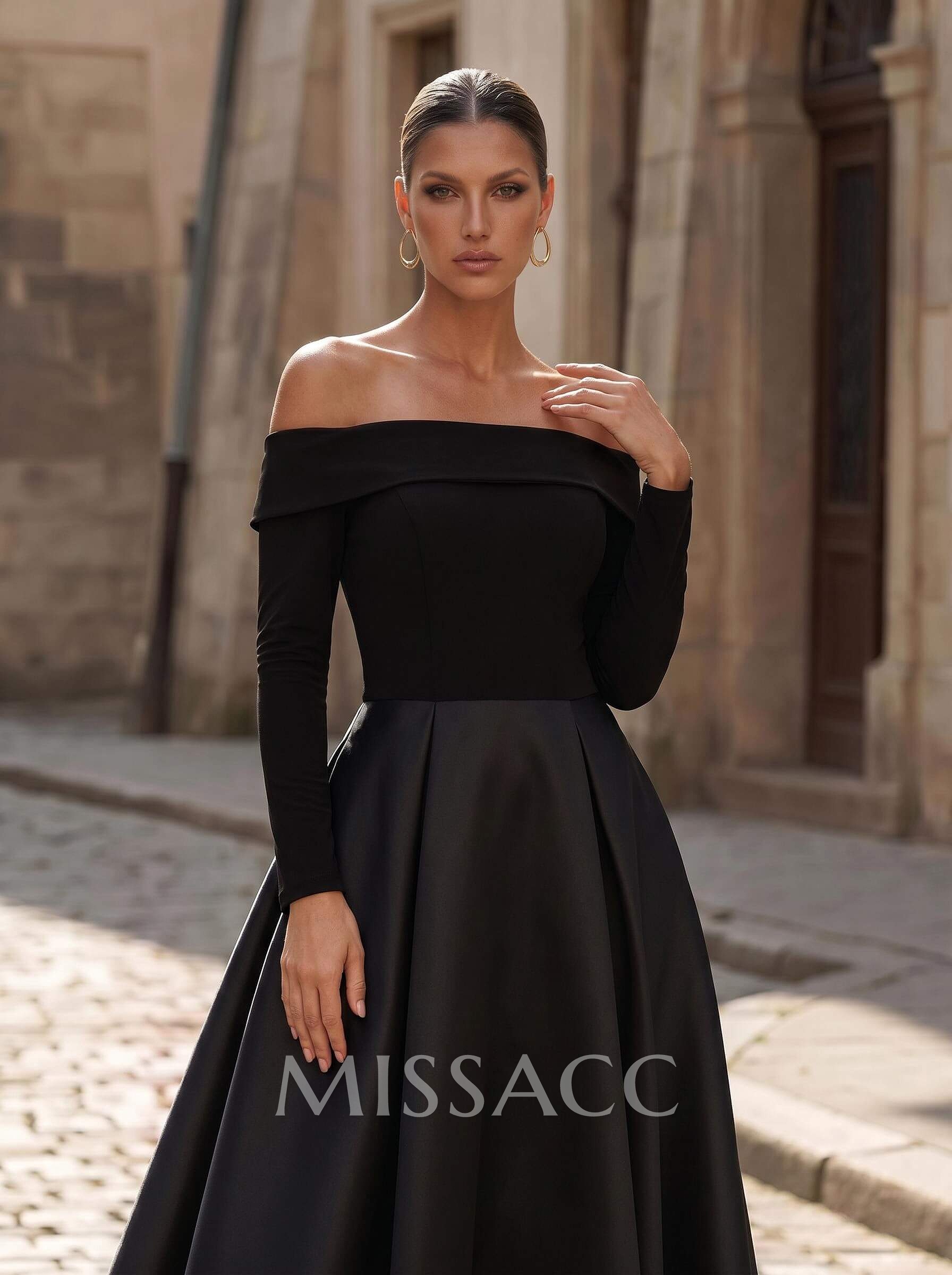 A-Line Off-The-Shoulder Long Sleeves Ankle-Length Satin/Elastic Satin Cocktail Dresses With Pockets