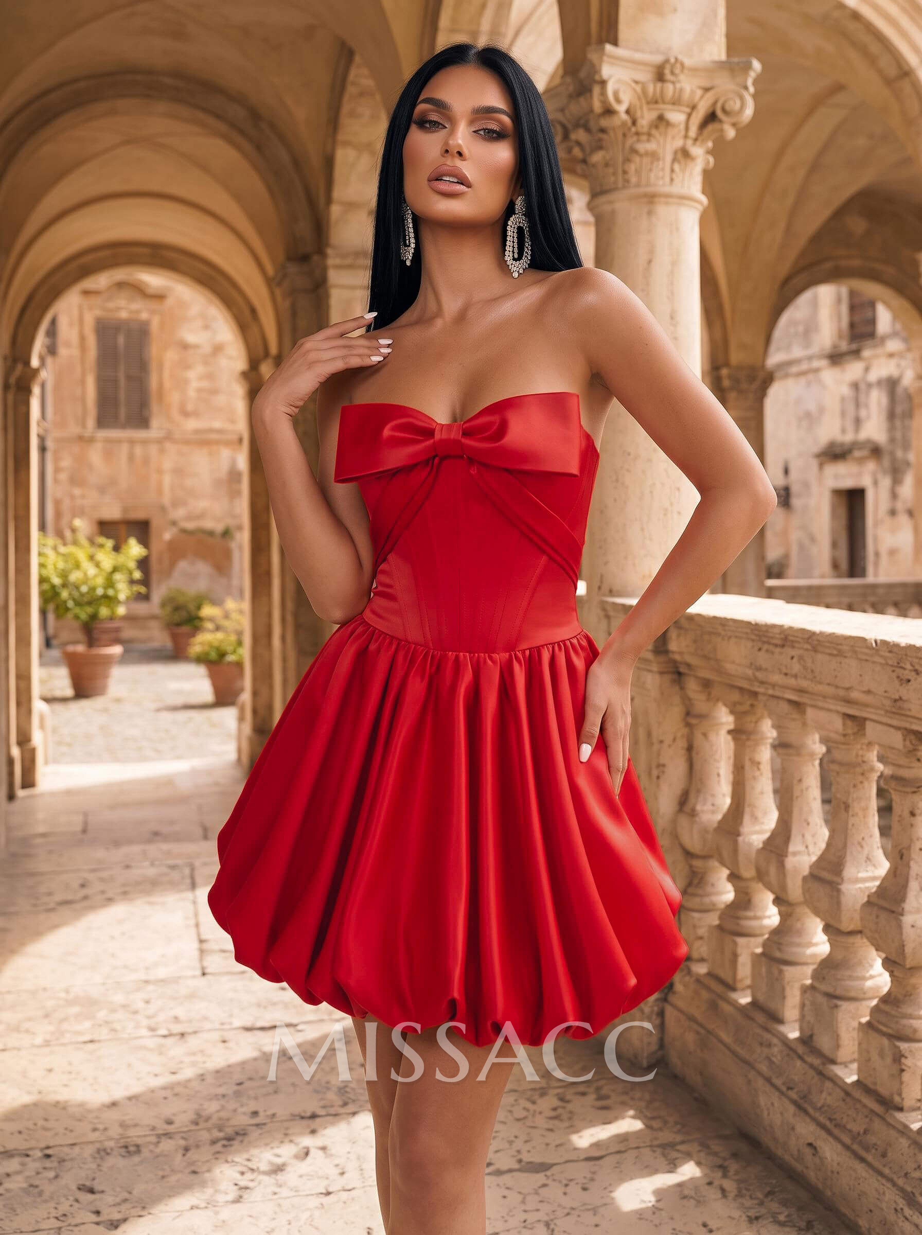A-Line Strapless Sleeveless Short/Mini Matte Satin Cocktail Dresses With Bow/Bubble Hem