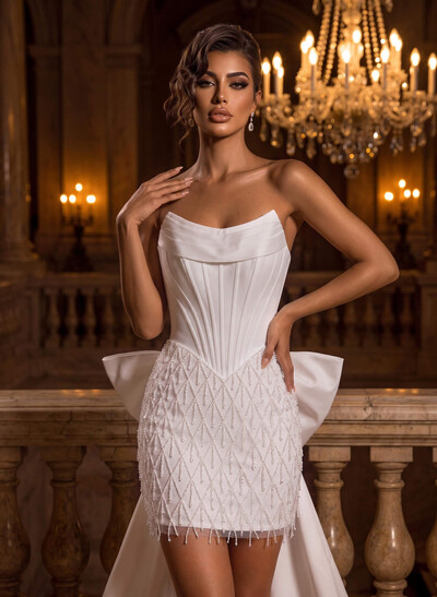 Sheath/Column Strapless Sleeveless Short/Mini Non-Stretch Lace/Stretch Satin Cocktail Dresses With Bow