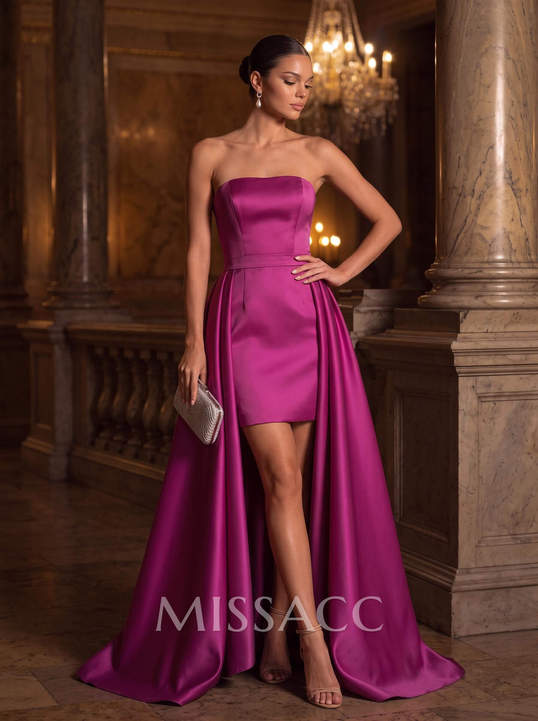 Sheath/Column Strapless Sleeveless Detachable/Sweep Train Satin Cocktail Dresses With Overskirt Dress