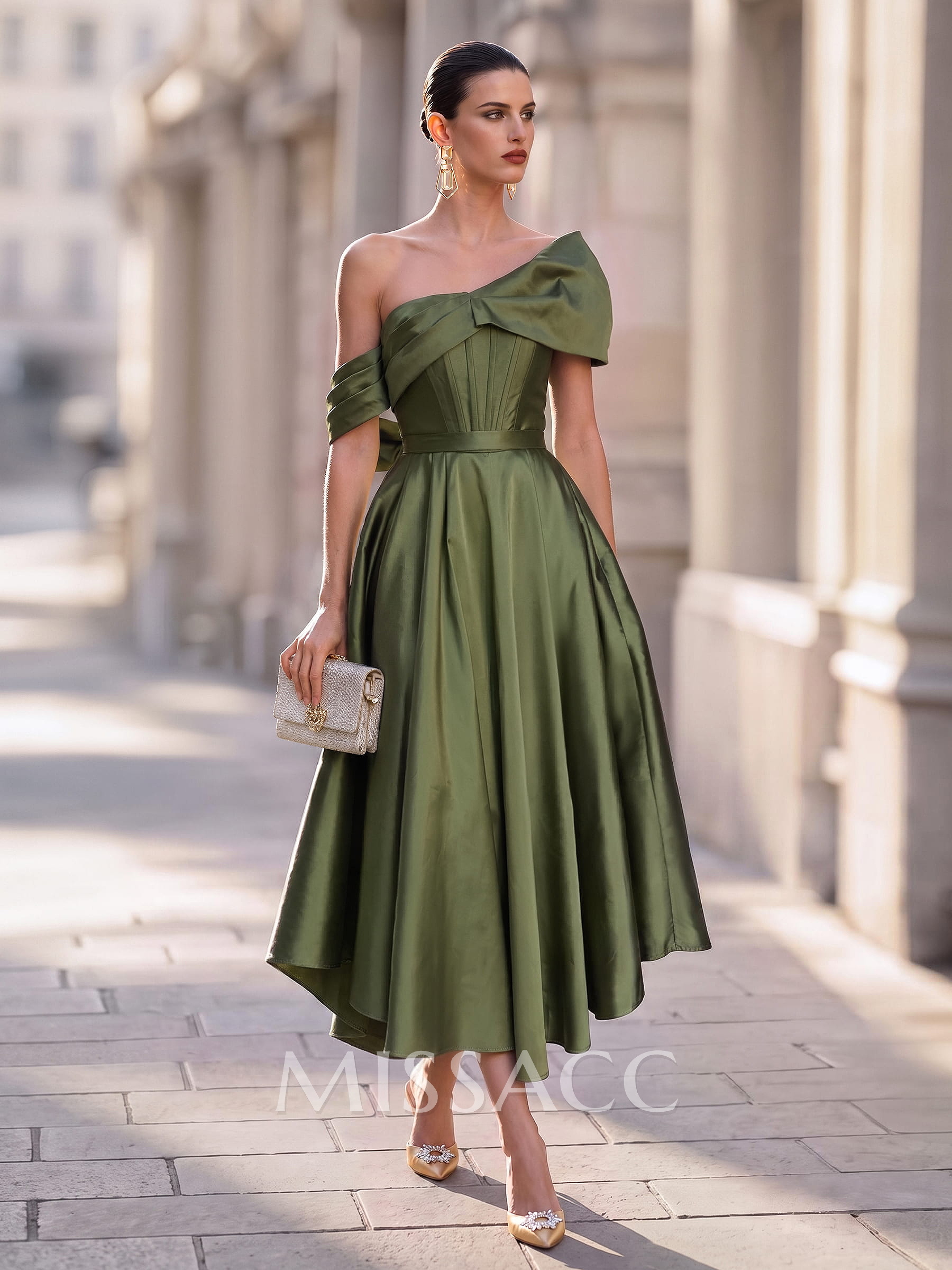 A-Line Off-The-Shoulder Sleeveless Ankle-Length Taffeta Cocktail Dresses
