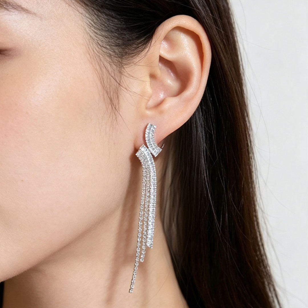 Exaggerated Rhinestone Tassel Dangle Earrings