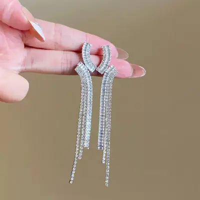 Exaggerated Rhinestone Tassel Dangle Earrings