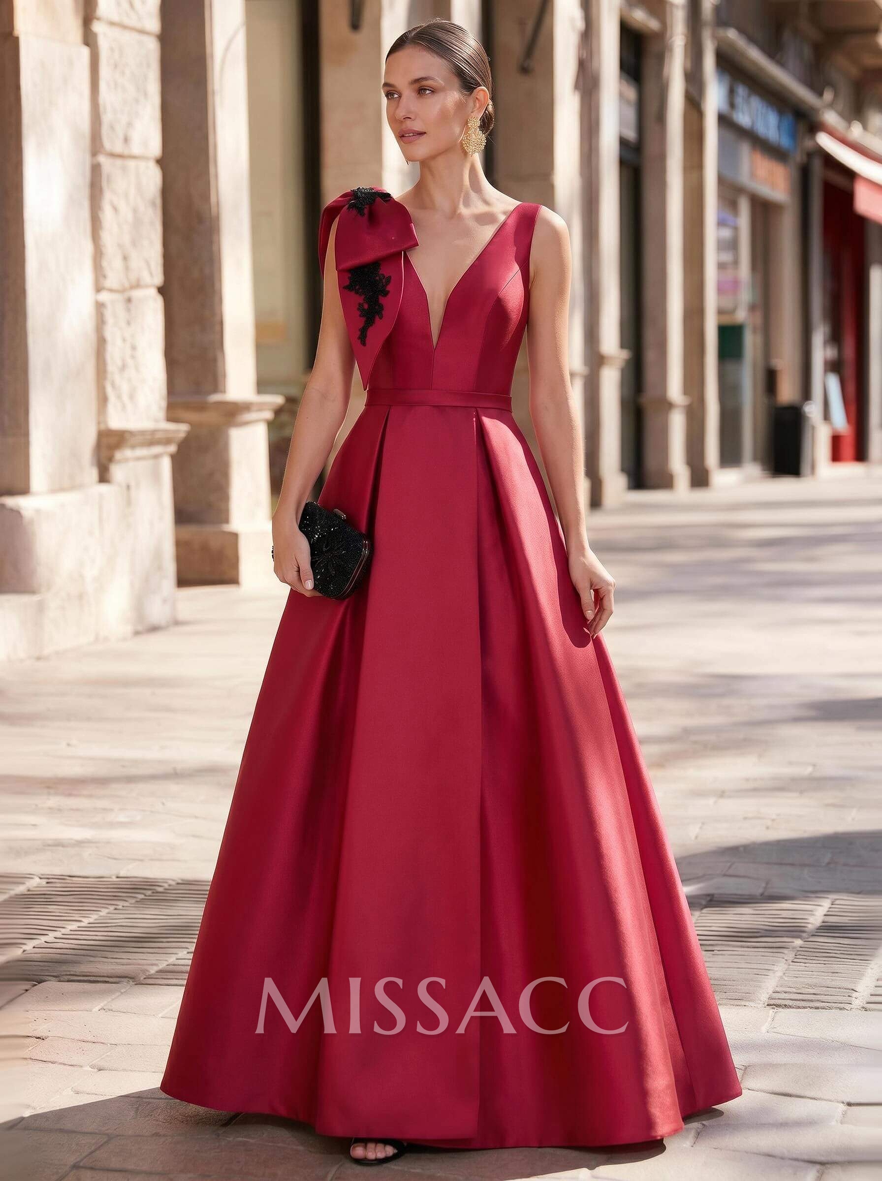 Ball-Gown Plunge Neck Sleeveless Court Train Twill Satin Evening Dresses With Bow