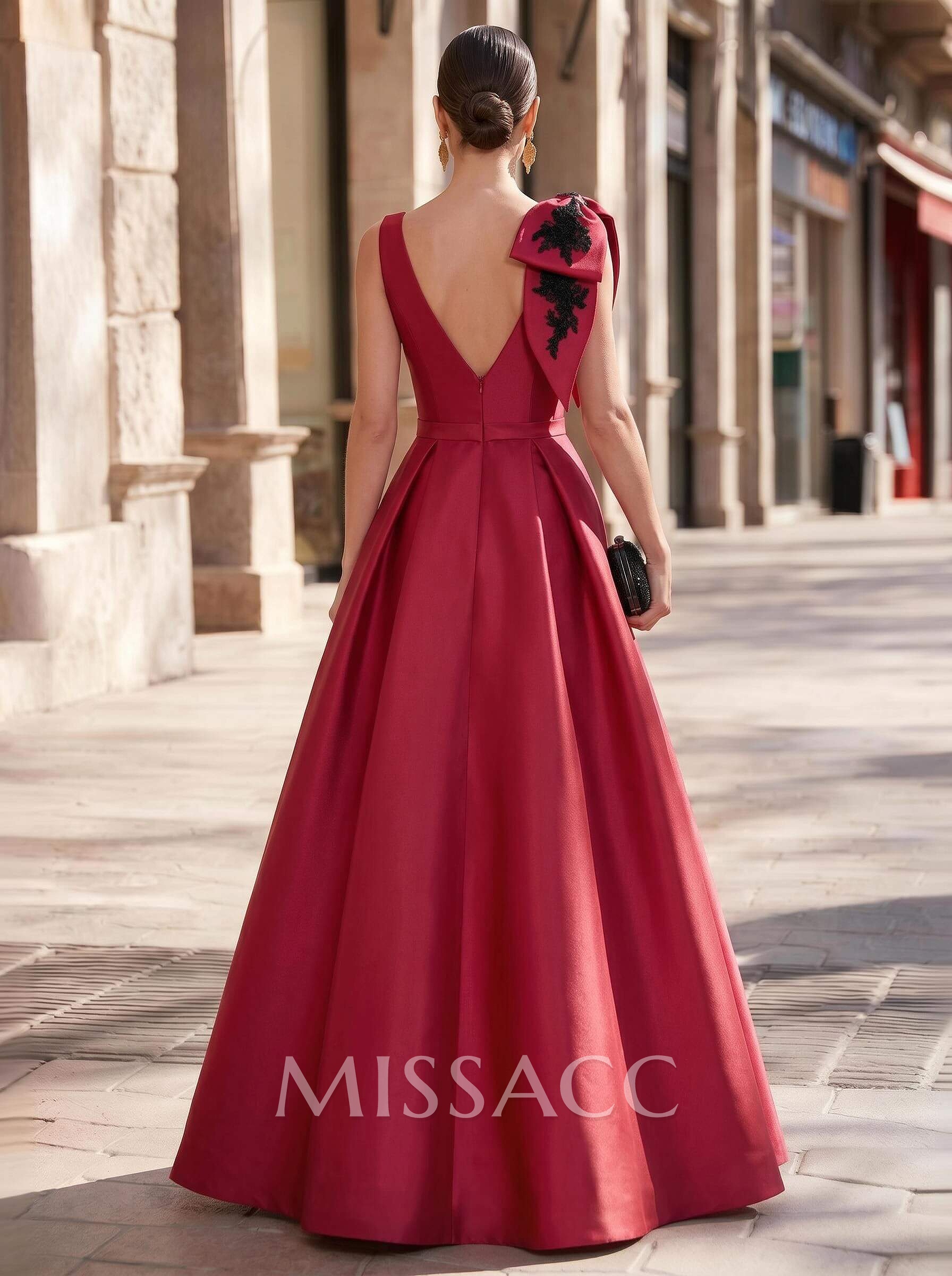 Ball-Gown Plunge Neck Sleeveless Court Train Twill Satin Evening Dresses With Bow