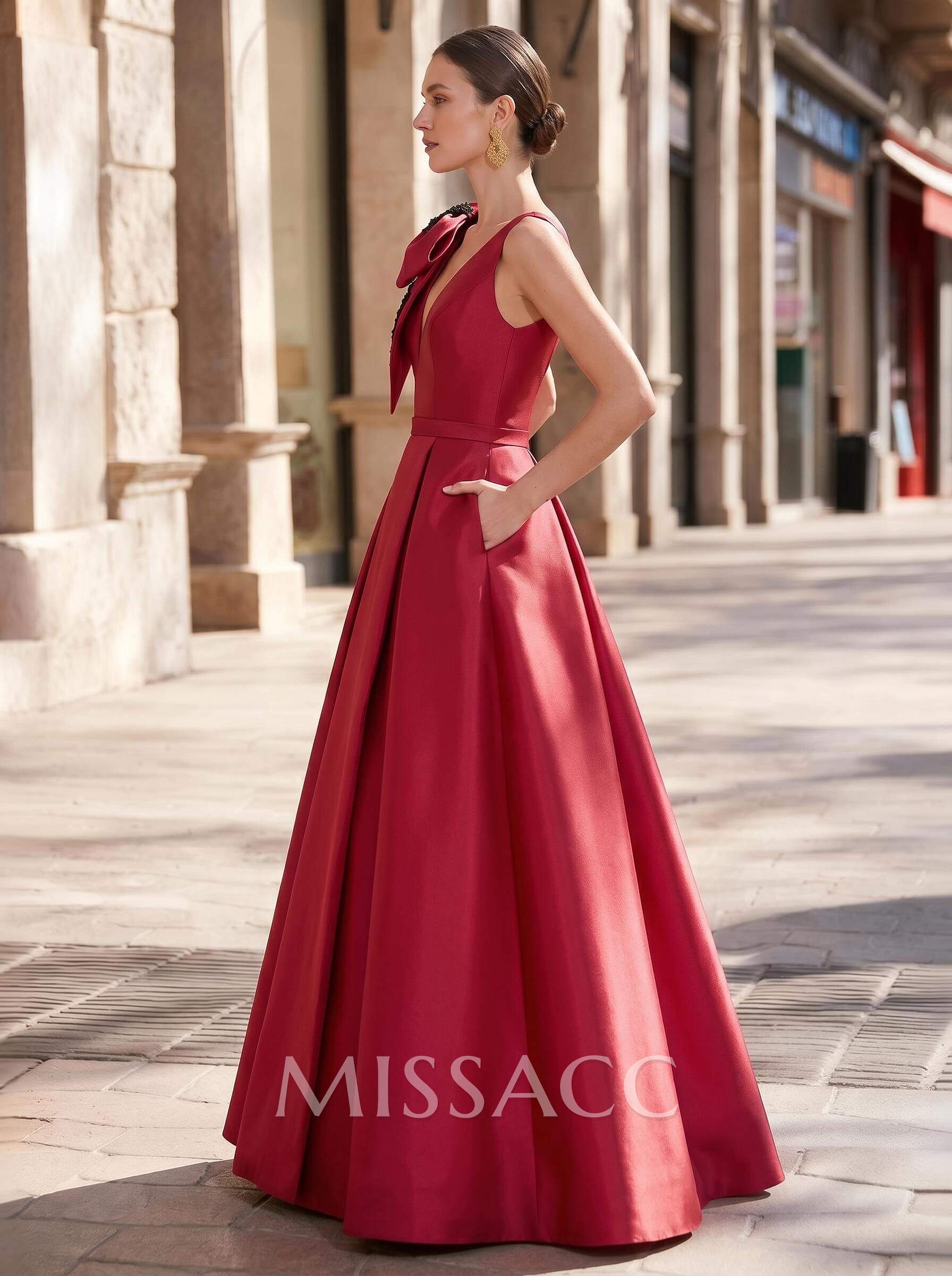 Ball-Gown Plunge Neck Sleeveless Court Train Twill Satin Evening Dresses With Bow