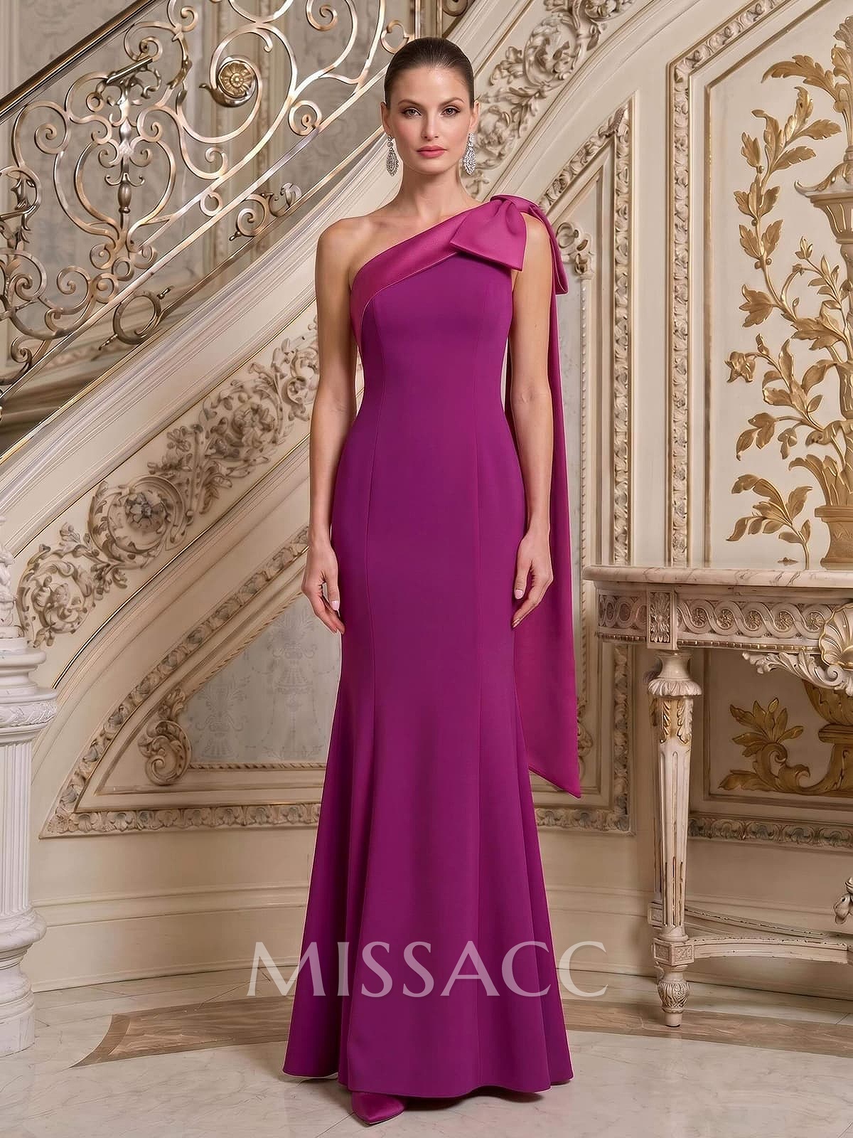 Sheath/Column One-Shoulder Sleeveless Floor-Length Satin/Elastic Satin Evening Dresses With Bow