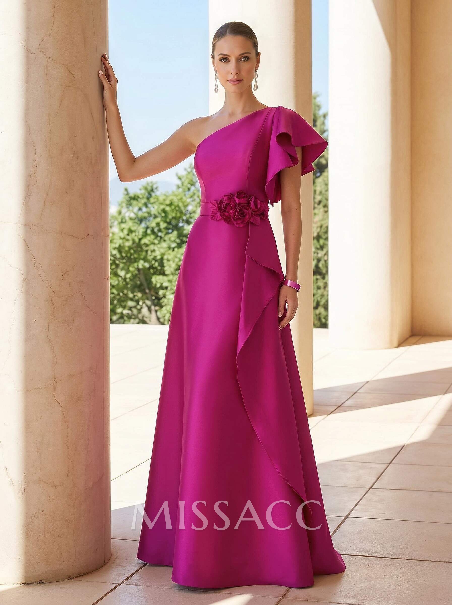 A-Line One-Shoulder Short Sleeves Floor-Length Satin Evening Dresses With Flower