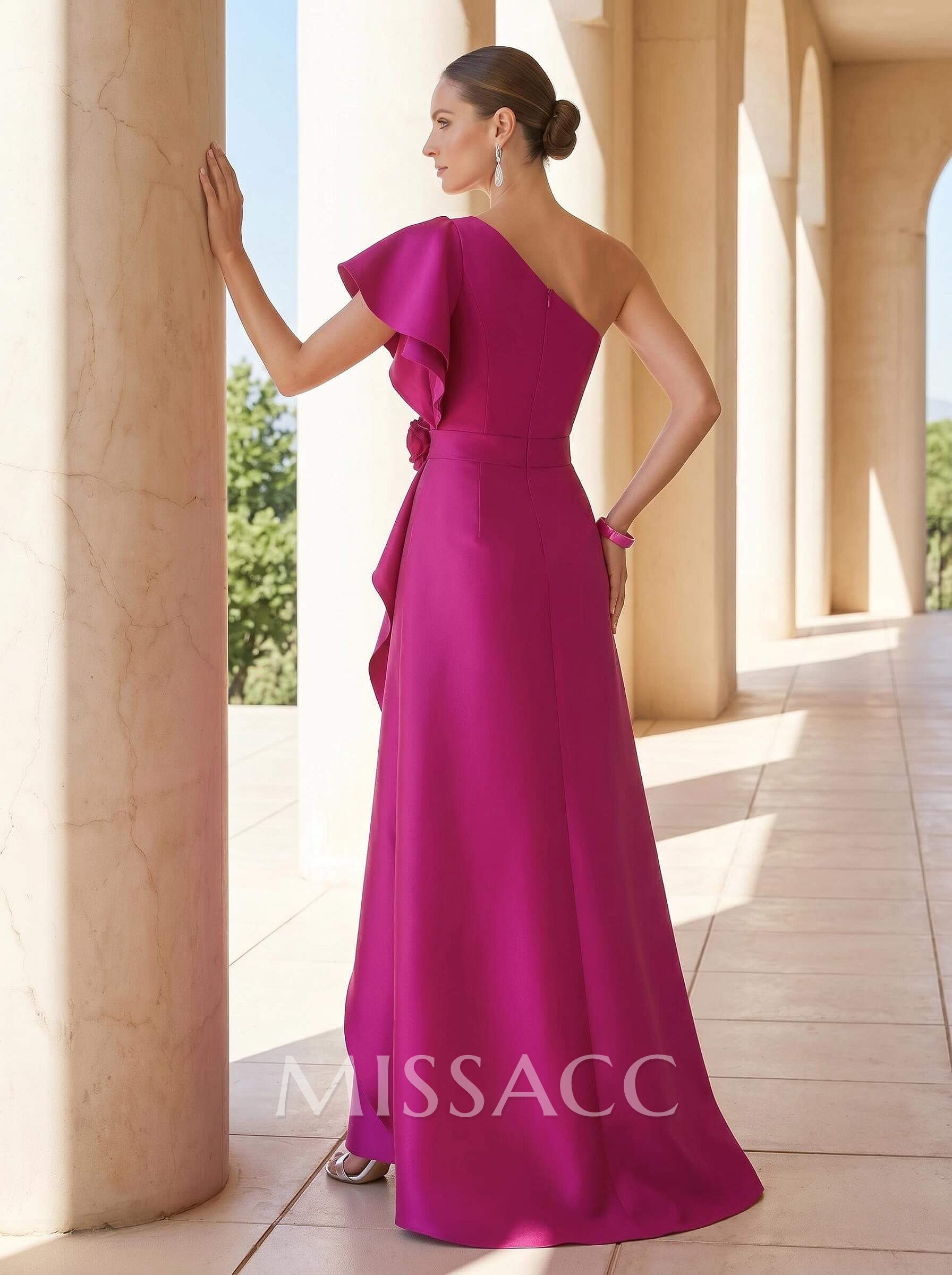 A-Line One-Shoulder Short Sleeves Floor-Length Satin Evening Dresses With Flower