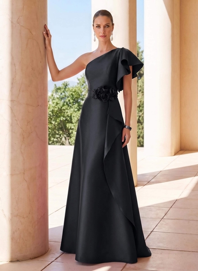 A-Line One-Shoulder Short Sleeve Satin Evening Gown With Sweep Train And Flower Accent