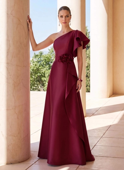A-Line One-Shoulder Short Sleeve Satin Evening Gown With Sweep Train And Flower Accent