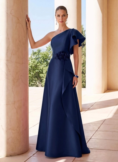 A-Line One-Shoulder Short Sleeve Satin Evening Gown With Sweep Train And Flower Accent