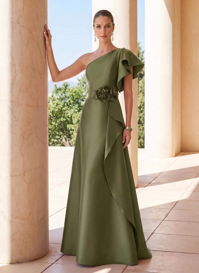 A-Line One-Shoulder Short Sleeve Satin Evening Gown With Sweep Train And Flower Accent