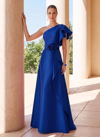 A-Line One-Shoulder Short Sleeve Satin Evening Gown With Sweep Train And Flower Accent