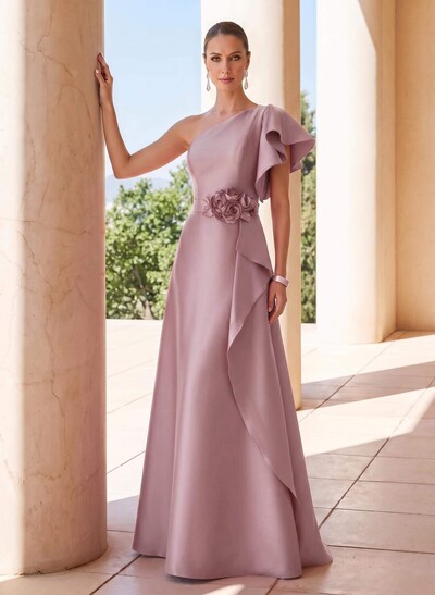 A-Line One-Shoulder Short Sleeve Satin Evening Gown With Sweep Train And Flower Accent