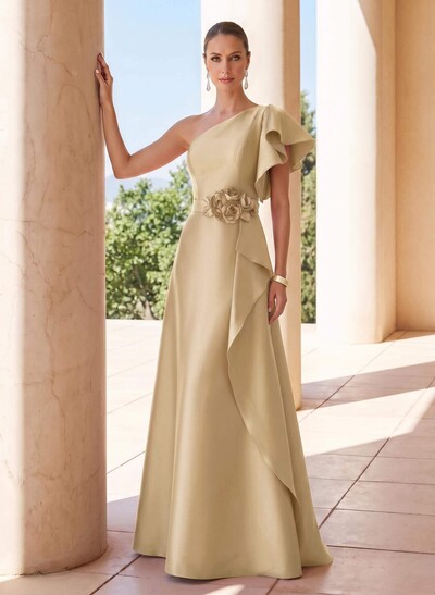 A-Line One-Shoulder Short Sleeve Satin Evening Gown With Sweep Train And Flower Accent