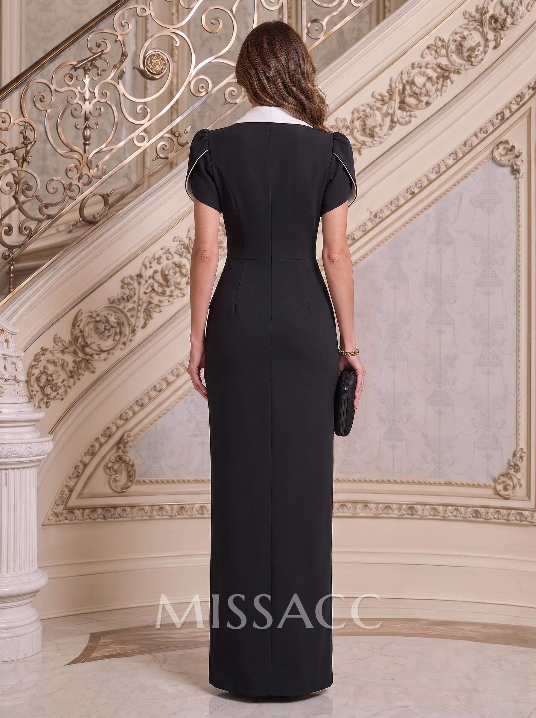 Sheath/Column V-Neck Short Sleeves Floor-Length Elastic Satin Evening Dresses With Cascading Ruffles/High Split