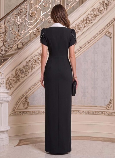 Sheath/Column V-Neck Short Sleeves Floor-Length Elastic Satin Evening Dresses With Cascading Ruffles/High Split