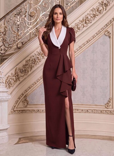 Sheath/Column V-Neck Short Sleeves Floor-Length Elastic Satin Evening Dresses With Cascading Ruffles/High Split