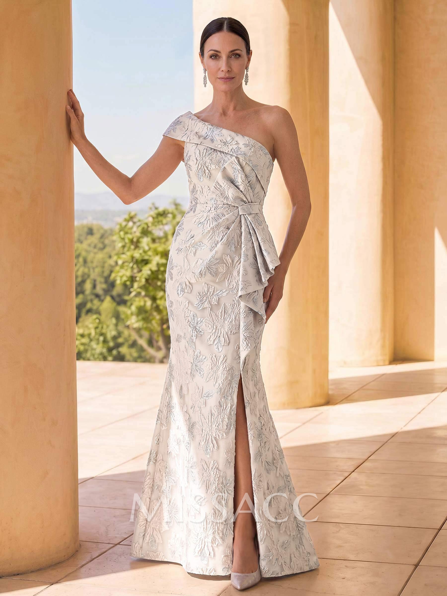 Trumpet/Mermaid One-Shoulder Sleeveless Floor-Length Jacquard Evening Dresses With Split Front/Bow