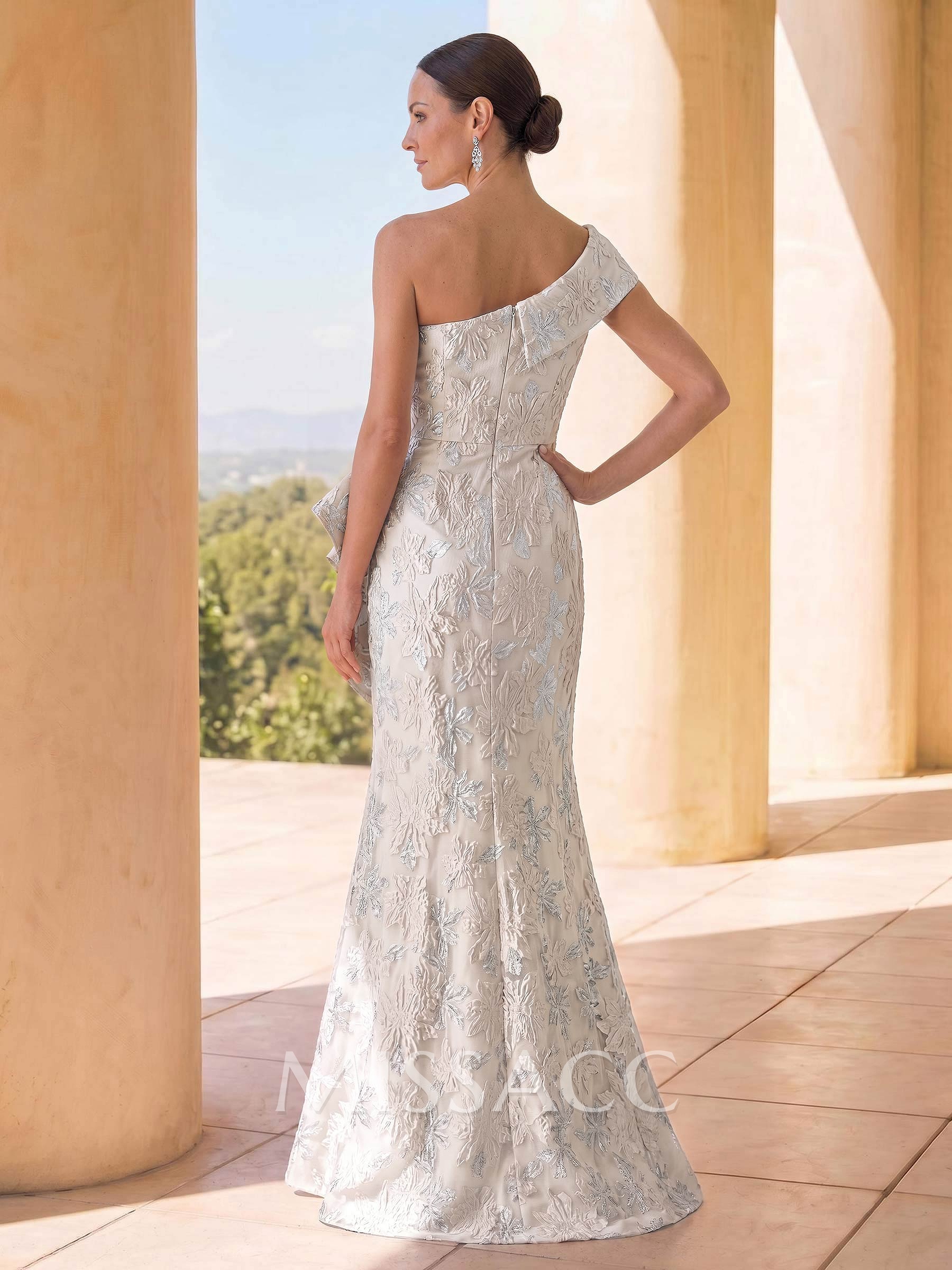 Trumpet/Mermaid One-Shoulder Sleeveless Floor-Length Jacquard Evening Dresses With Split Front/Bow