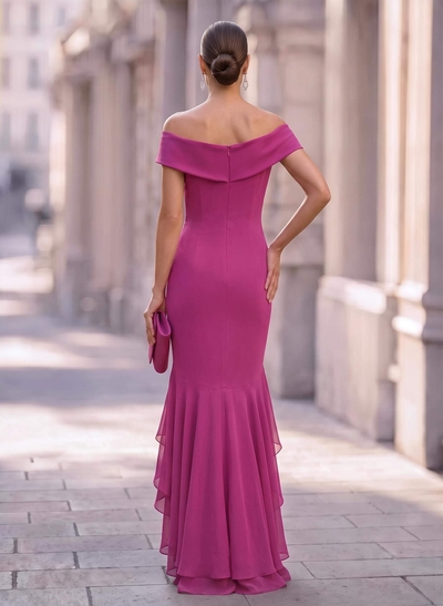 Sheath/Column Off-The-Shoulder Sleeveless Floor-Length Chiffon Evening Dresses With Ruffle/High Split