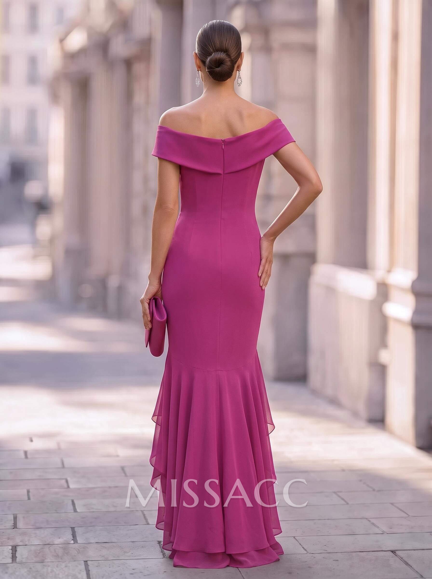 Sheath/Column Off-The-Shoulder Sleeveless Floor-Length Chiffon Evening Dresses With Ruffle/High Split