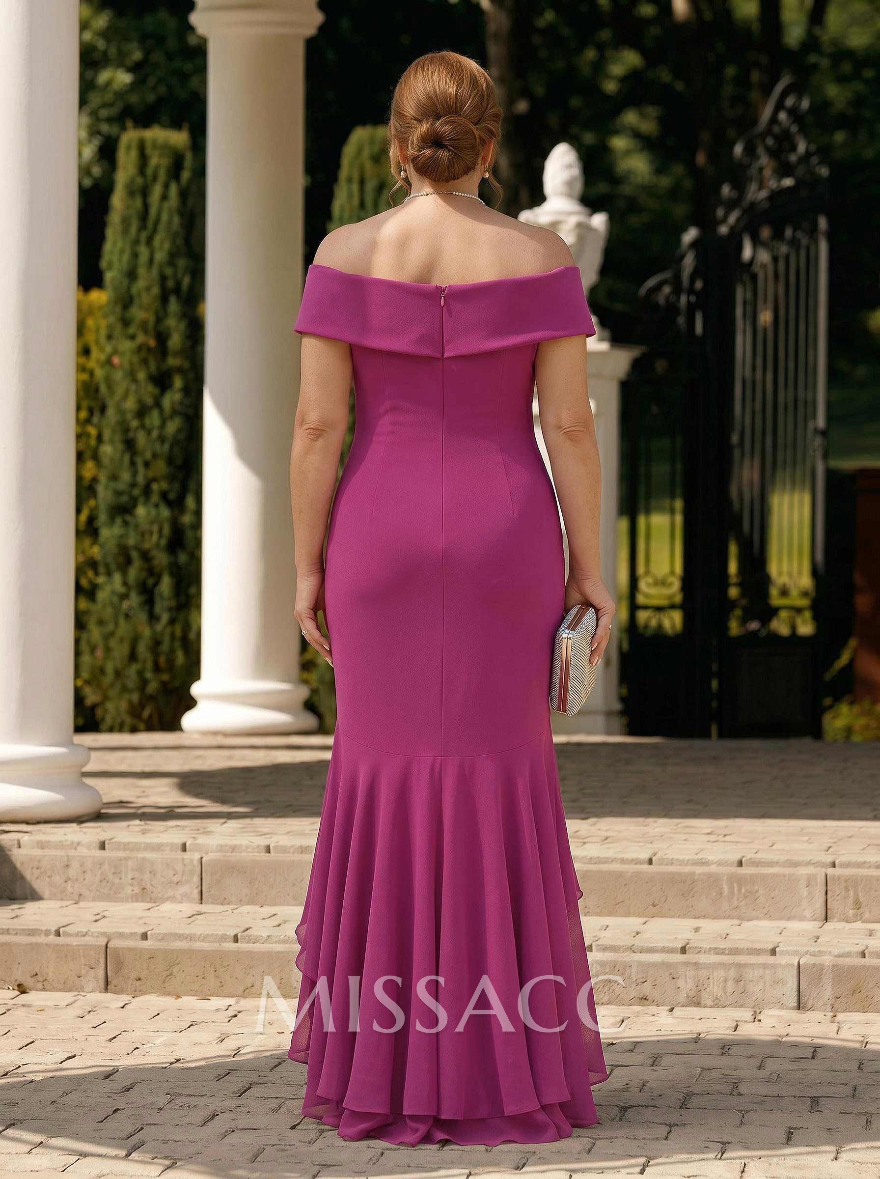 Sheath/Column Off-The-Shoulder Sleeveless Floor-Length Chiffon Evening Dresses With Ruffle/High Split