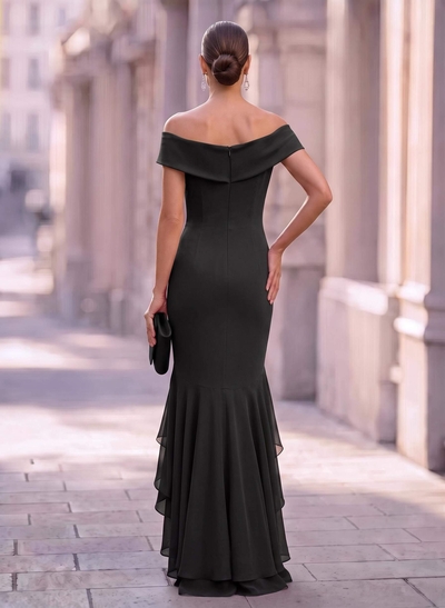 Sheath/Column Off-The-Shoulder Sleeveless Floor-Length Chiffon Evening Dresses With Ruffle/High Split